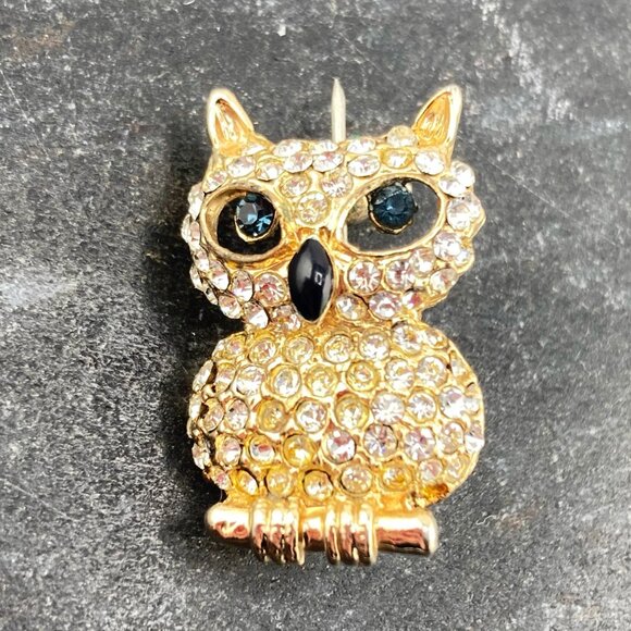 VINTAGE Clear rhinestone owl on perch brooch c. 1980s 1990s does 1940s 1950s pin - Picture 6 of 6